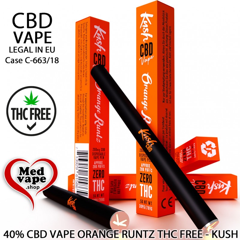 40% CBD VAPE ORANGE RUNTZ - KUSH VAPE DISPOSABLE (200mg CBD) CBG WEED THC CANNABIS MARIJUANA LEGAL